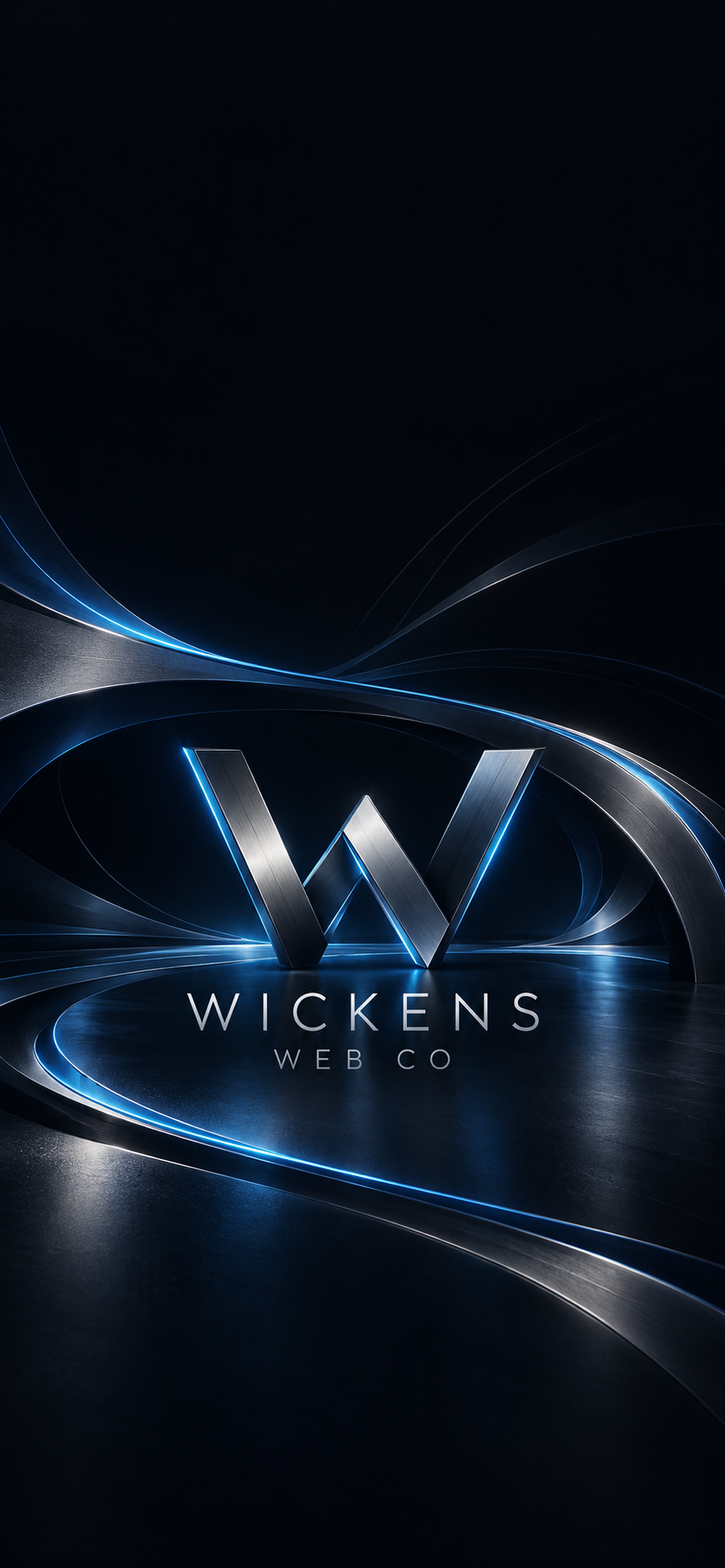 Wickens Web Co. metallic W emblem with flowing silver ribbons and electric blue lighting